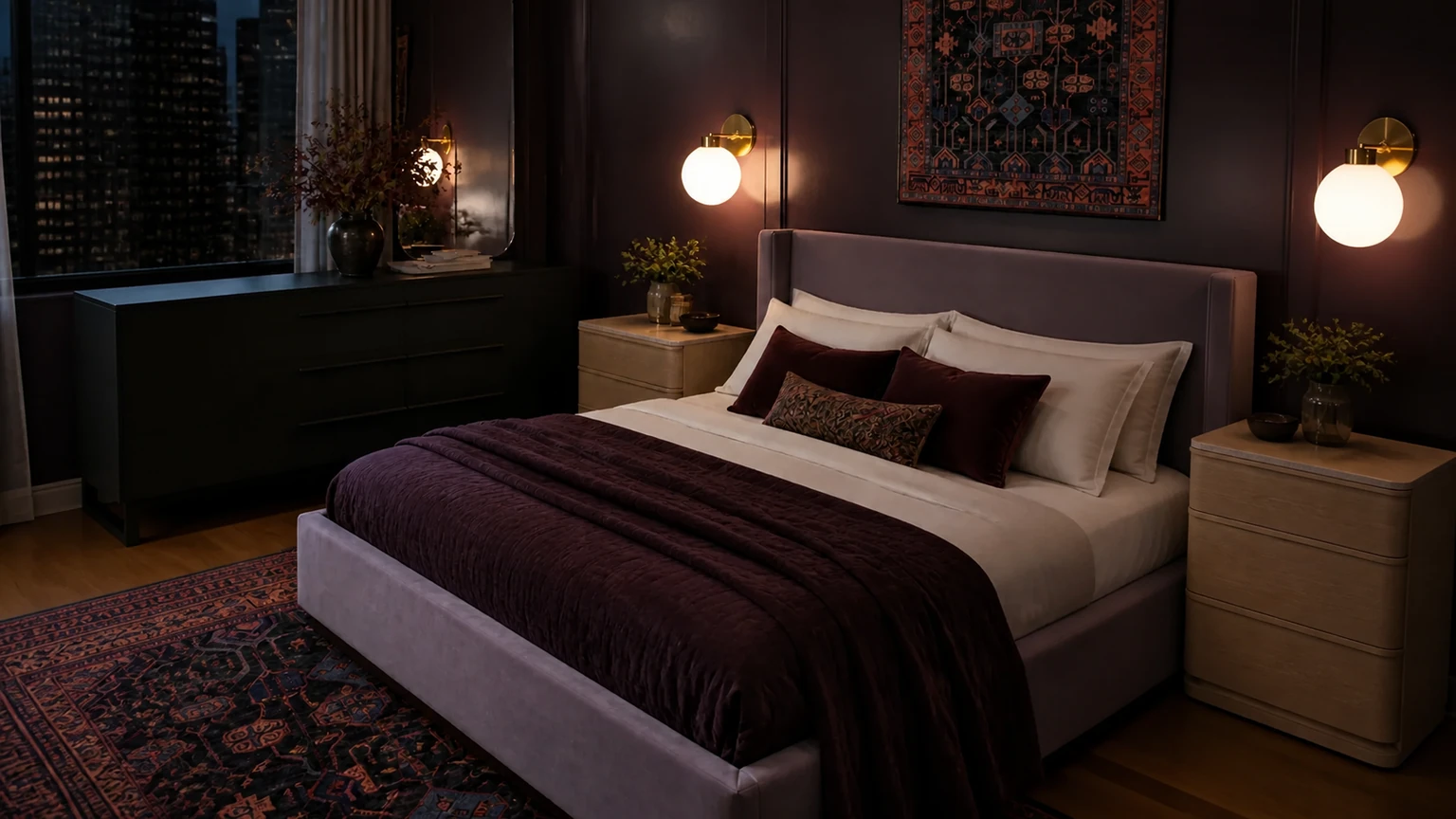 Plum Lacquer Bedroom interior design concept.