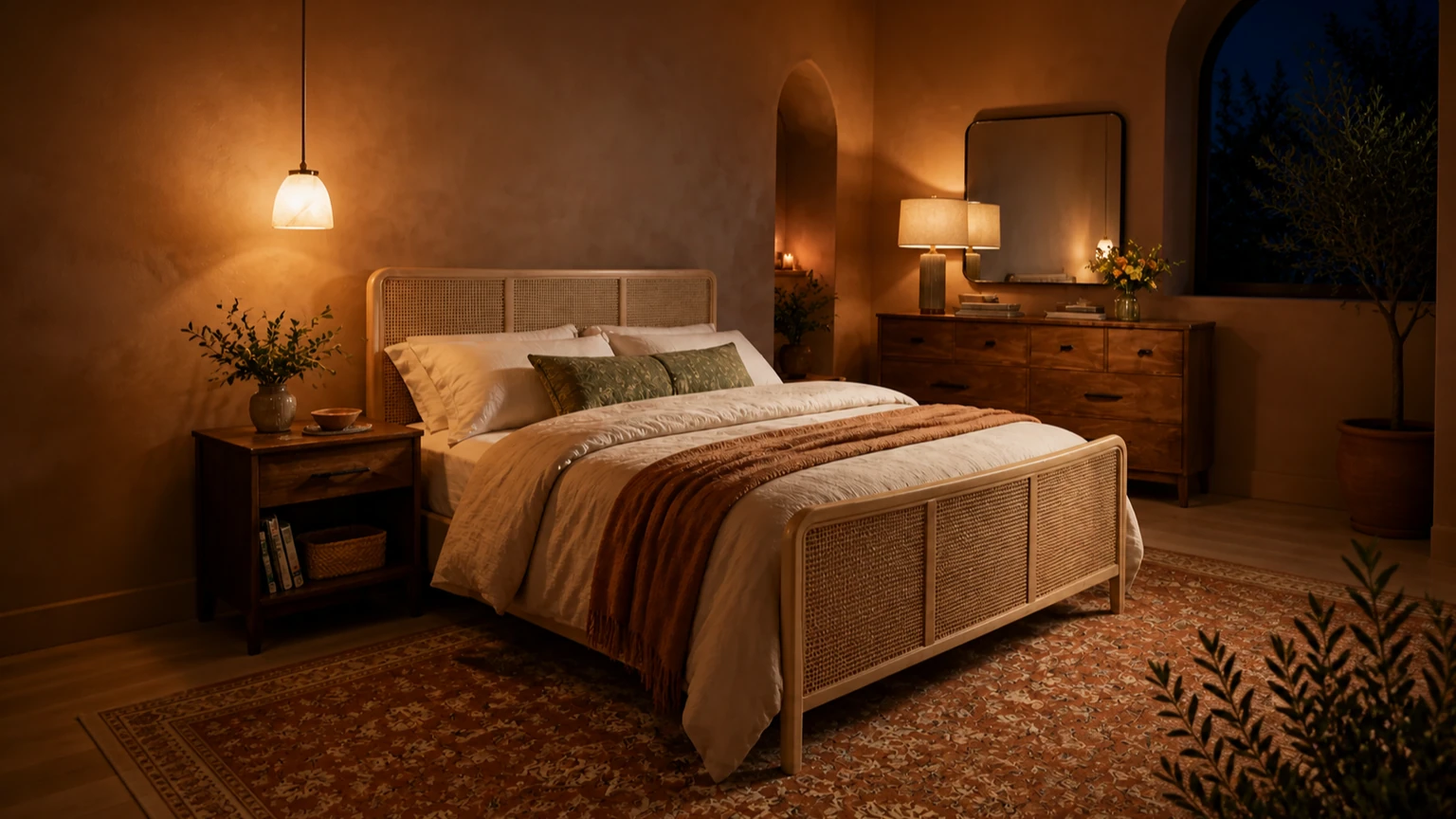 Sienna Plaster Courtyard Bedroom interior design concept.
