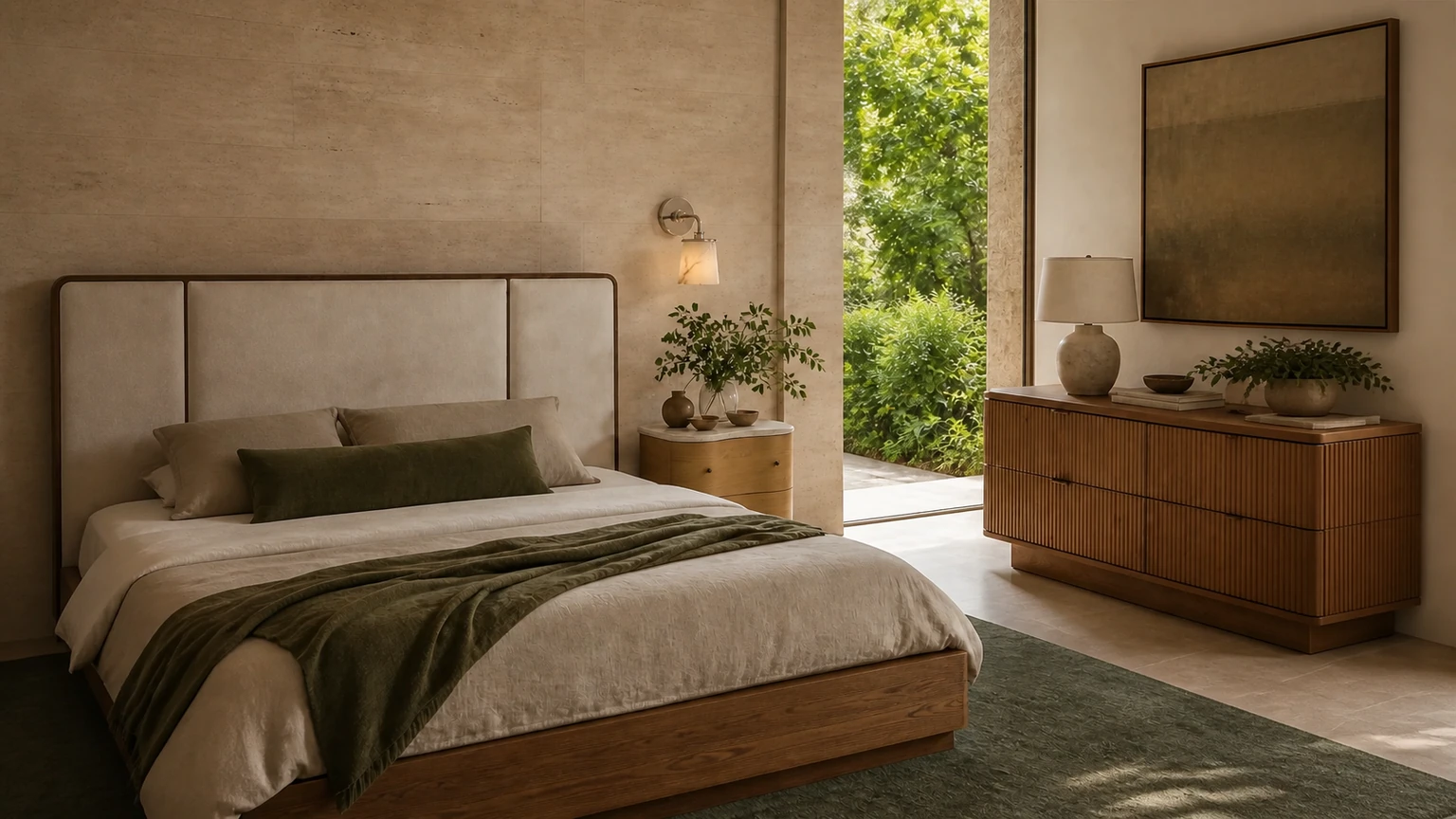 Travertine Garden Bedroom interior design concept.