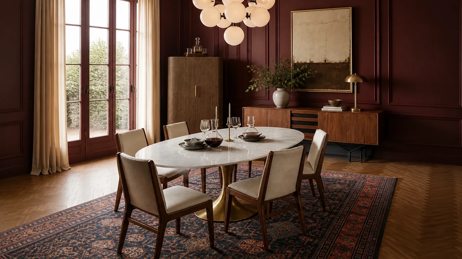 Bordeaux Lacquer Dining Room interior design concept.