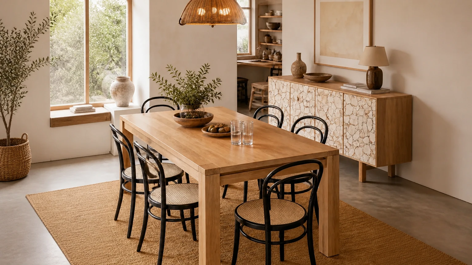Pale Rattan Dining Atelier interior design concept.
