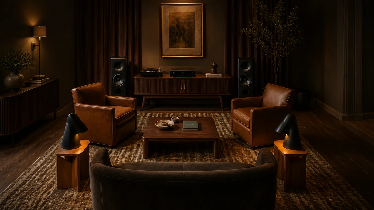 Amber Walnut Listening Salon interior design concept.