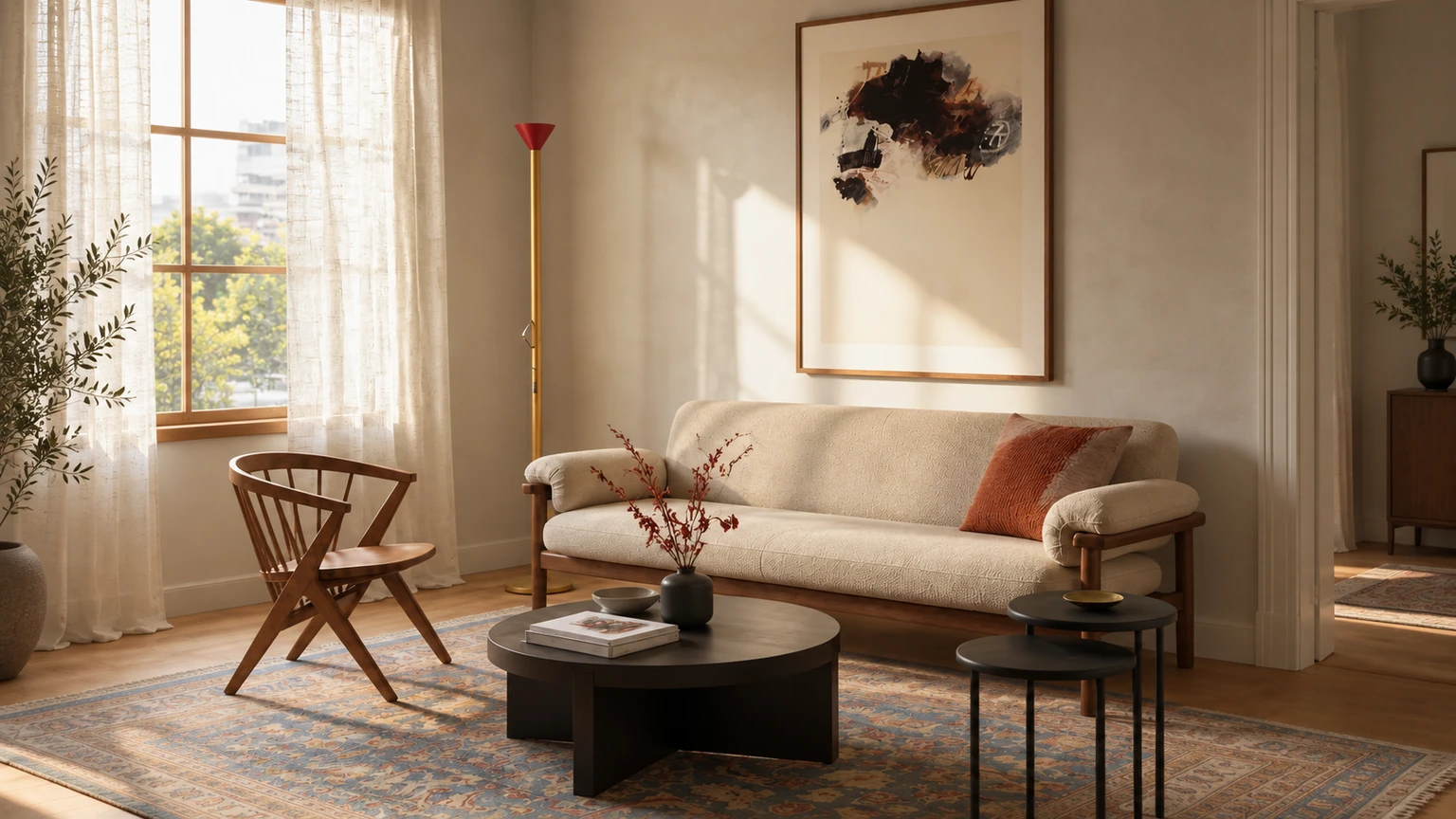 Flax, Washed Blue, Persimmon interior design concept.