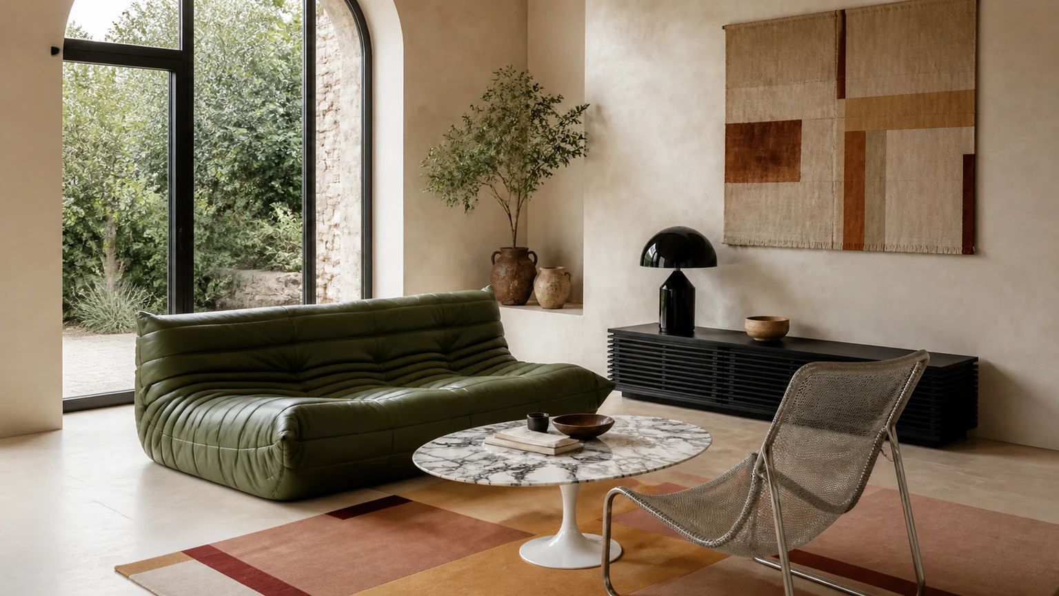 Sculptural Olive Lounge interior design concept.