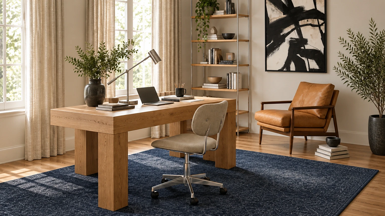 Oak, Ink, and Light interior design concept.