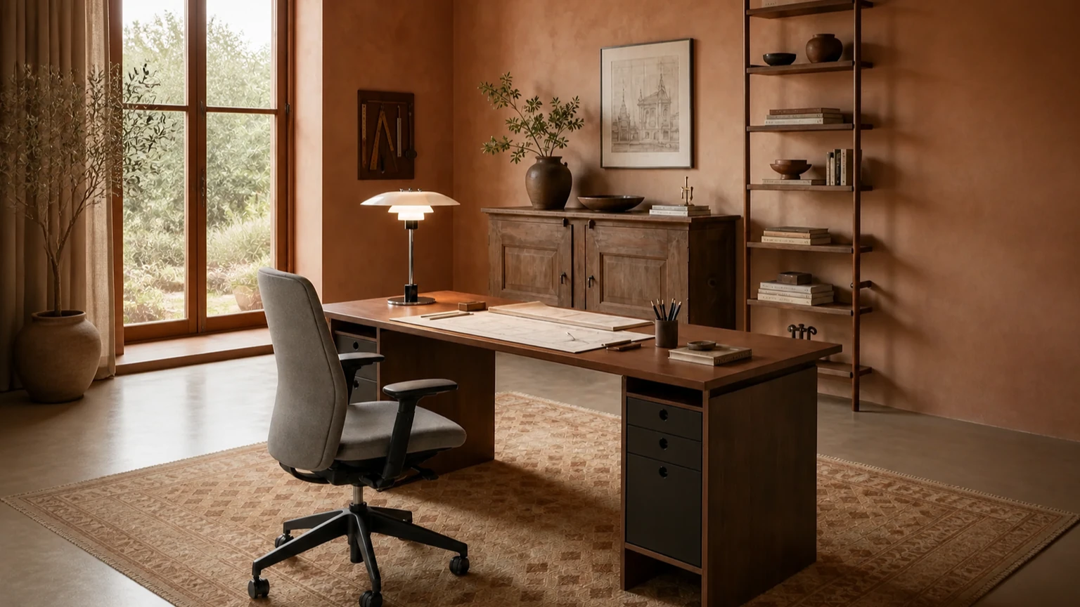 Terra Cotta Drafting Room interior design concept.