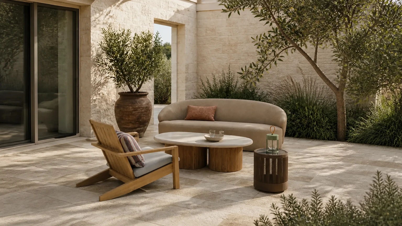 Sunwashed Limestone Courtyard interior design concept.