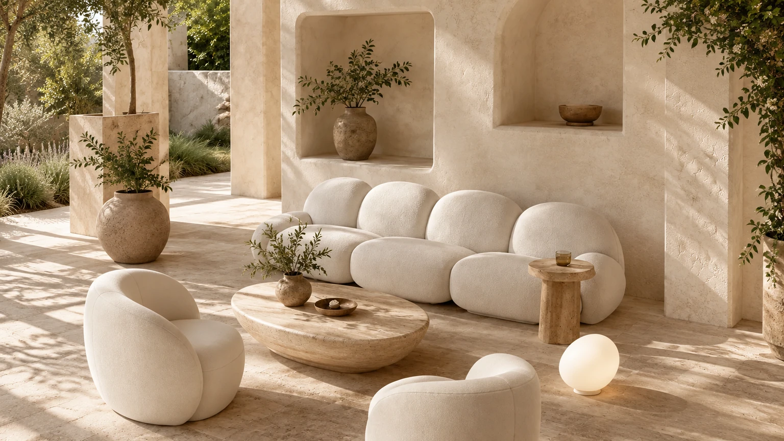 Sunwashed Travertine Courtyard interior design concept.